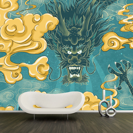Aqua Dragon with Cloud Mural Decal Moisture Resistant Chinese Style Bedroom Wall Decor Clearhalo 'Wall Decor' 'Wall Mural' 1513519