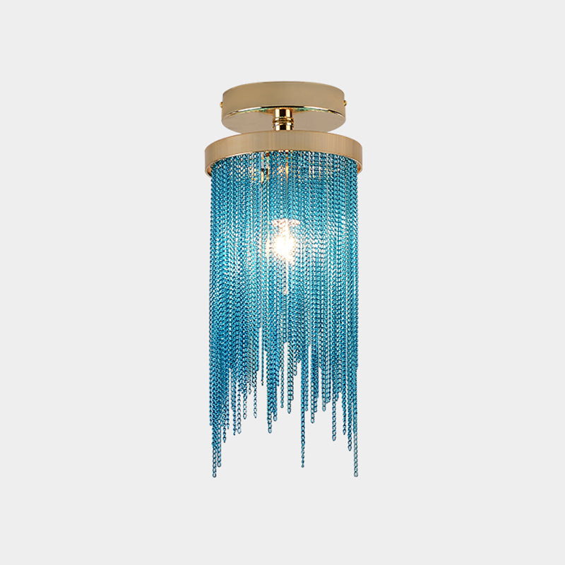 Gold/Chrome/Blue Metal Chain Semi Flush Mount Lamp Modern 1 Light Living Room Ceiling Mounted Fixture Clearhalo 'Ceiling Lights' 'Close To Ceiling Lights' 'Close to ceiling' 'Glass shade' 'Glass' 'Island Lights' 'Semi-flushmount' Lighting' 151352