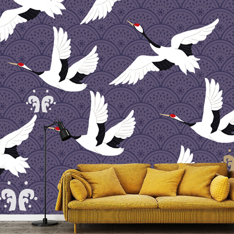 Large Chinoiserie Wallpaper Mural White Flocks of Red-Crown Crane Wall Art on Purple Purple Clearhalo 'Wall Decor' 'Wall Mural' 1513545