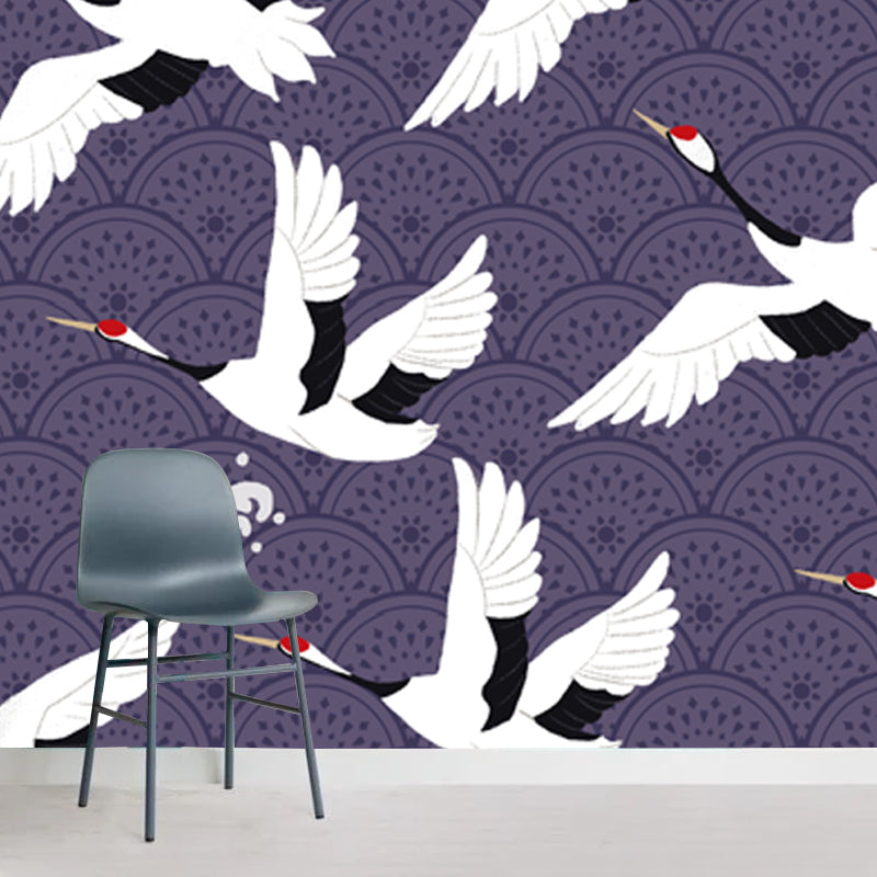 Large Chinoiserie Wallpaper Mural White Flocks of Red-Crown Crane Wall Art on Purple Clearhalo 'Wall Decor' 'Wall Mural' 1513547