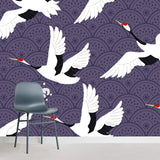 Large Chinoiserie Wallpaper Mural White Flocks of Red-Crown Crane Wall Art on Purple Clearhalo 'Wall Decor' 'Wall Mural' 1513547