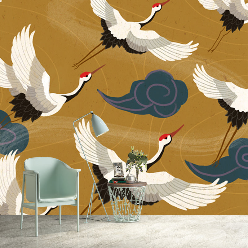 Oriental Flying Cranes Wall Mural in White on Yellow Waterproofing Wall Covering for Home Clearhalo 'Wall Decor' 'Wall Mural' 1513552
