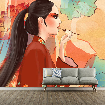 Chinese Opera Actress Mural in Red Girls Bedroom Wall Decoration, Custom Size Available Red Clearhalo 'Wall Decor' 'Wall Mural' 1513559