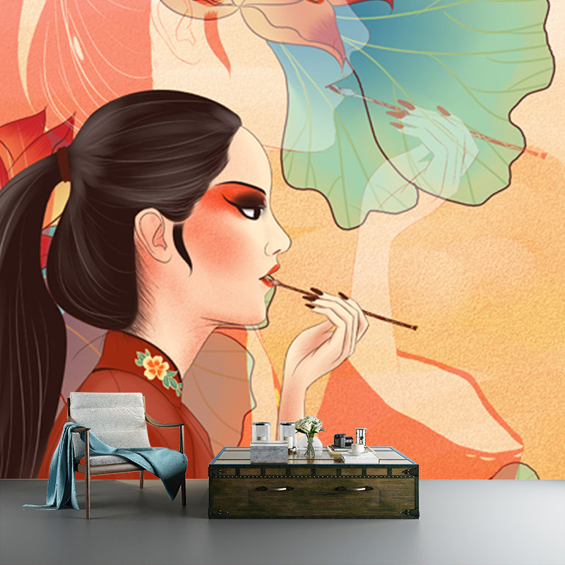 Chinese Opera Actress Mural in Red Girls Bedroom Wall Decoration, Custom Size Available Clearhalo 'Wall Decor' 'Wall Mural' 1513561