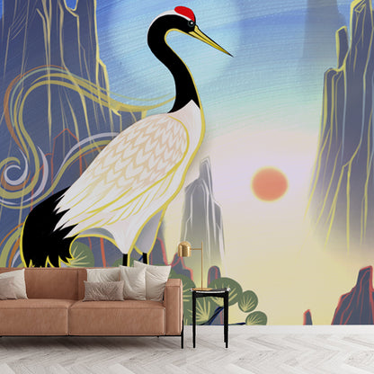 Non-Woven Stain Resistant Mural Chinese Red Crowned Crane with Sunrise Scenery Wall Art Blue Clearhalo 'Wall Decor' 'Wall Mural' 1513569