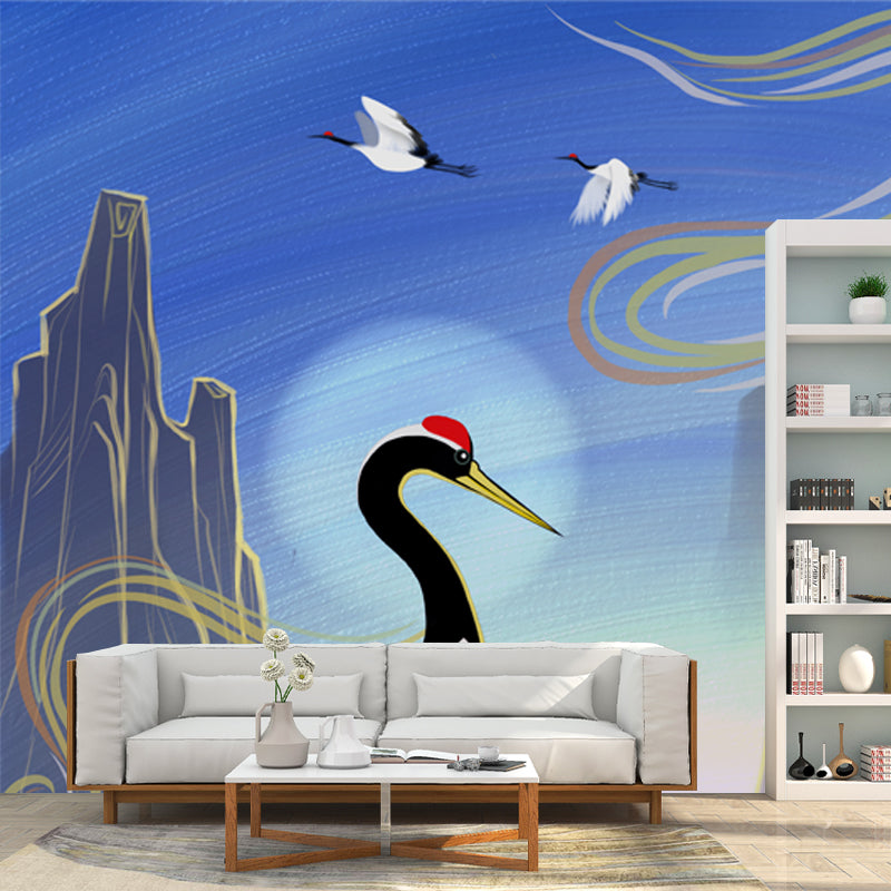 Non-Woven Stain Resistant Mural Chinese Red Crowned Crane with Sunrise Scenery Wall Art Clearhalo 'Wall Decor' 'Wall Mural' 1513570