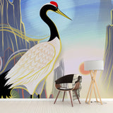Non-Woven Stain Resistant Mural Chinese Red Crowned Crane with Sunrise Scenery Wall Art Clearhalo 'Wall Decor' 'Wall Mural' 1513571