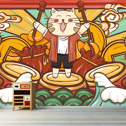 Cats Drum Performance Mural Wallpaper Red Chinese Style Wall Decor for Kids Bedroom Red Clearhalo 'Wall Decor' 'Wall Mural' 1513589