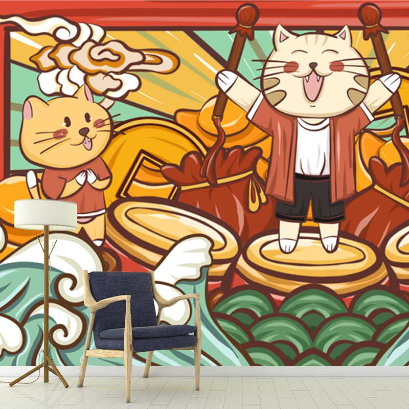 Cats Drum Performance Mural Wallpaper Red Chinese Style Wall Decor for Kids Bedroom Clearhalo 'Wall Decor' 'Wall Mural' 1513590