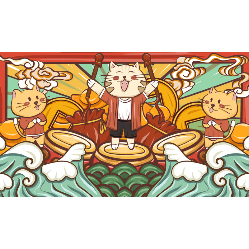 Cats Drum Performance Mural Wallpaper Red Chinese Style Wall Decor for Kids Bedroom Clearhalo 'Wall Decor' 'Wall Mural' 1513592