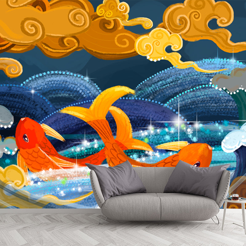 Chinoiserie Carps and Cloud Mural Non-Woven Waterproof Blue Wall Art for Living Room Blue Clearhalo 'Wall Decor' 'Wall Mural' 1513603