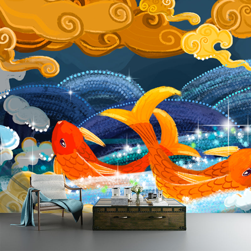 Chinoiserie Carps and Cloud Mural Non-Woven Waterproof Blue Wall Art for Living Room Clearhalo 'Wall Decor' 'Wall Mural' 1513604