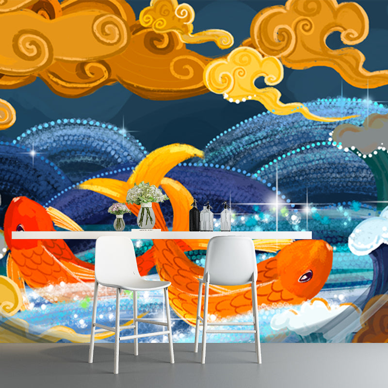 Chinoiserie Carps and Cloud Mural Non-Woven Waterproof Blue Wall Art for Living Room Clearhalo 'Wall Decor' 'Wall Mural' 1513605