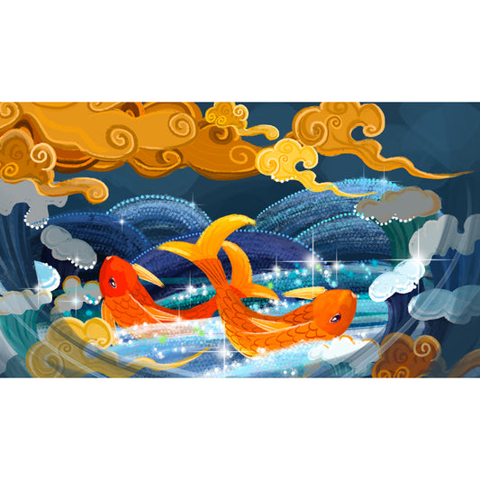 Chinoiserie Carps and Cloud Mural Non-Woven Waterproof Blue Wall Art for Living Room Clearhalo 'Wall Decor' 'Wall Mural' 1513606