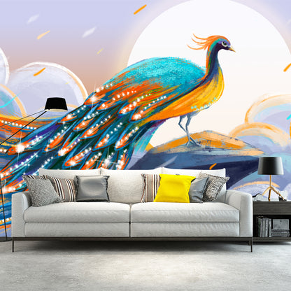 Non-Woven Large Blue Mural Chinese Peacock on Cliff with Full Moon Scene Wall Art, Custom Size Peacock Blue Clearhalo 'Wall Decor' 'Wall Mural' 1513621