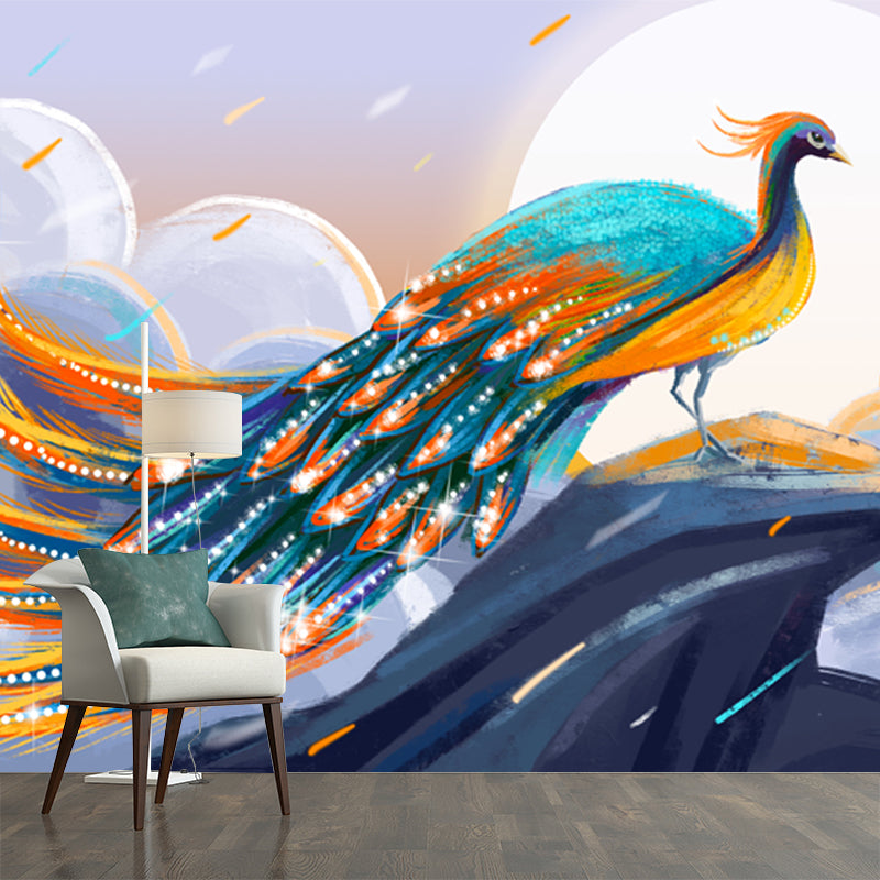 Non-Woven Large Blue Mural Chinese Peacock on Cliff with Full Moon Scene Wall Art, Custom Size Clearhalo 'Wall Decor' 'Wall Mural' 1513622