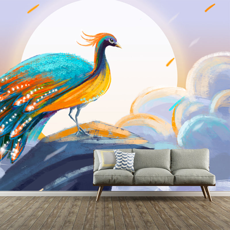 Non-Woven Large Blue Mural Chinese Peacock on Cliff with Full Moon Scene Wall Art, Custom Size Clearhalo 'Wall Decor' 'Wall Mural' 1513623