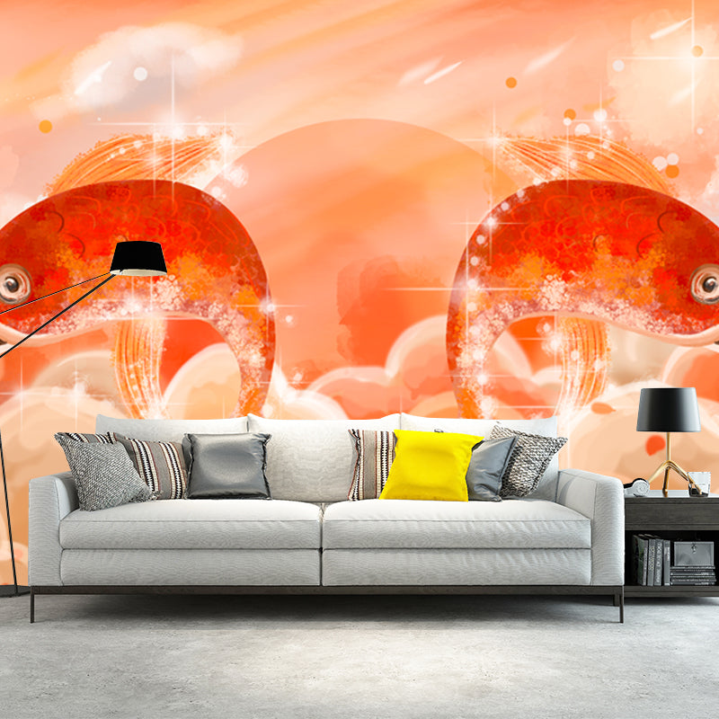 Orange Carp Leap Wall Mural Moisture Resistant Chinese Living Room Wall Covering Orange Clearhalo 'Wall Decor' 'Wall Mural' 1513636