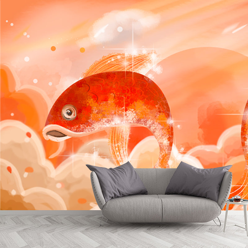 Orange Carp Leap Wall Mural Moisture Resistant Chinese Living Room Wall Covering Clearhalo 'Wall Decor' 'Wall Mural' 1513637