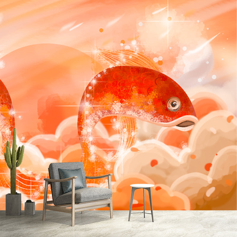 Orange Carp Leap Wall Mural Moisture Resistant Chinese Living Room Wall Covering Clearhalo 'Wall Decor' 'Wall Mural' 1513638