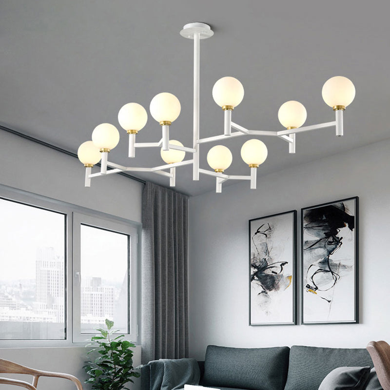 Modern Orbit Chandelier Pendant White Glass 10-Head Living Room Island Light in Black/White/Gold White Clearhalo 'Ceiling Lights' 'Glass shade' 'Glass' 'Island Lights' Lighting' 151364