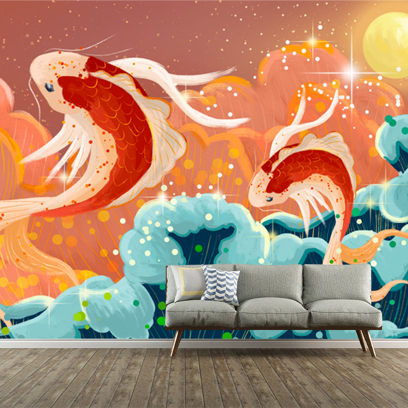 Huge Carp Jump Mural Wallpaper Red Non-Woven Cloth Wall Art, Washable, Custom Print Red Clearhalo 'Wall Decor' 'Wall Mural' 1513641