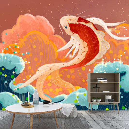 Huge Carp Jump Mural Wallpaper Red Non-Woven Cloth Wall Art, Washable, Custom Print Clearhalo 'Wall Decor' 'Wall Mural' 1513642