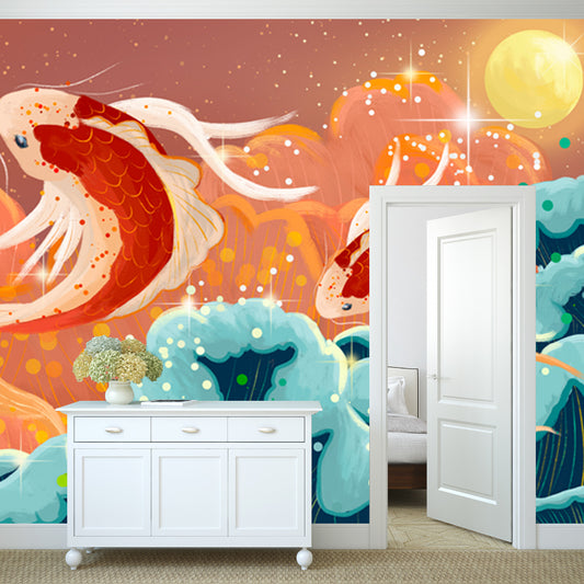 Huge Carp Jump Mural Wallpaper Red Non-Woven Cloth Wall Art, Washable, Custom Print Clearhalo 'Wall Decor' 'Wall Mural' 1513643