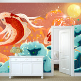 Huge Carp Jump Mural Wallpaper Red Non-Woven Cloth Wall Art, Washable, Custom Print Clearhalo 'Wall Decor' 'Wall Mural' 1513643