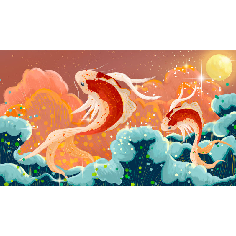 Huge Carp Jump Mural Wallpaper Red Non-Woven Cloth Wall Art, Washable, Custom Print Clearhalo 'Wall Decor' 'Wall Mural' 1513644