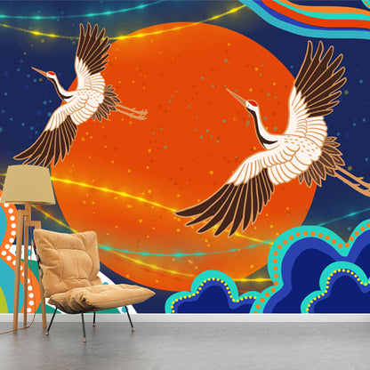 Cranes and Big Moon Mural Decal Orange Chinoiserie Wall Covering for Accent Wall Orange Clearhalo 'Wall Decor' 'Wall Mural' 1513651