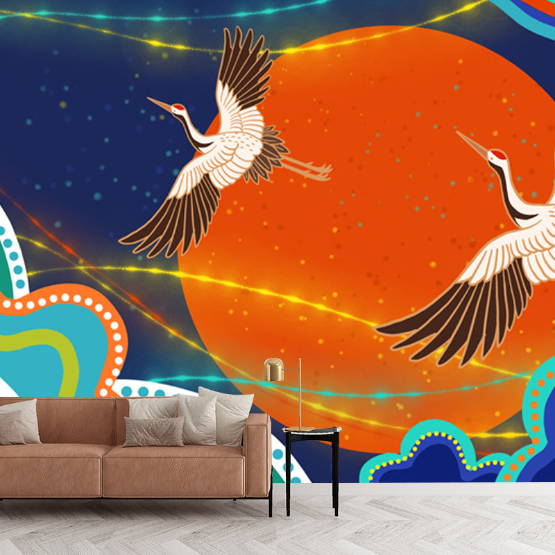Cranes and Big Moon Mural Decal Orange Chinoiserie Wall Covering for Accent Wall Clearhalo 'Wall Decor' 'Wall Mural' 1513652