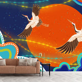 Cranes and Big Moon Mural Decal Orange Chinoiserie Wall Covering for Accent Wall Clearhalo 'Wall Decor' 'Wall Mural' 1513652