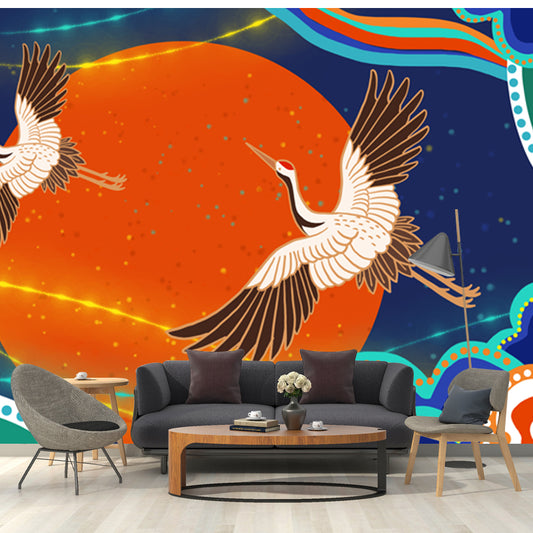 Cranes and Big Moon Mural Decal Orange Chinoiserie Wall Covering for Accent Wall Clearhalo 'Wall Decor' 'Wall Mural' 1513653