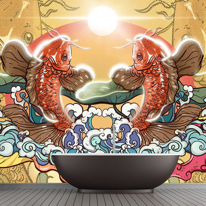 Chinese Carps Wall Paper Mural Yellow Festival Wall Decor for Living Room, Custom Made Yellow Clearhalo 'Wall Decor' 'Wall Mural' 1513656