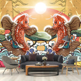 Chinese Carps Wall Paper Mural Yellow Festival Wall Decor for Living Room, Custom Made Clearhalo 'Wall Decor' 'Wall Mural' 1513657