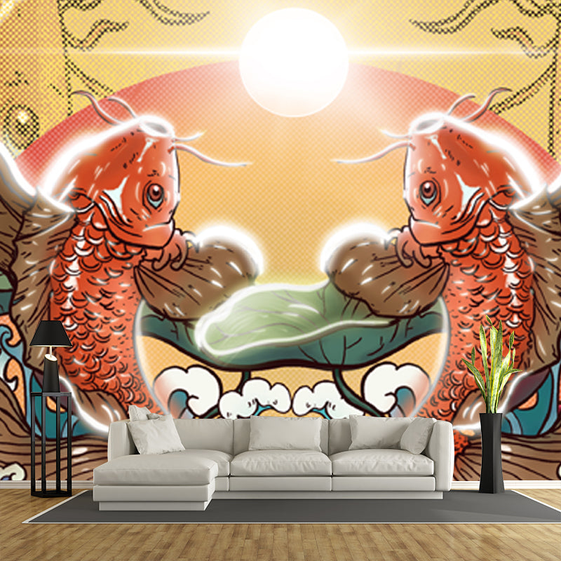 Chinese Carps Wall Paper Mural Yellow Festival Wall Decor for Living Room, Custom Made Clearhalo 'Wall Decor' 'Wall Mural' 1513658