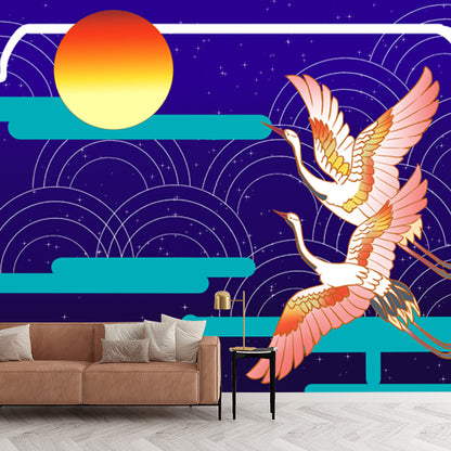 Blue Oriental Wall Covering Mural Large Crane Birds Flying to the Moon Wall Art for Home Blue Clearhalo 'Wall Decor' 'Wall Mural' 1513661