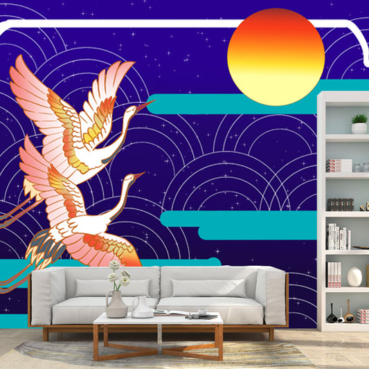 Blue Oriental Wall Covering Mural Large Crane Birds Flying to the Moon Wall Art for Home Clearhalo 'Wall Decor' 'Wall Mural' 1513662
