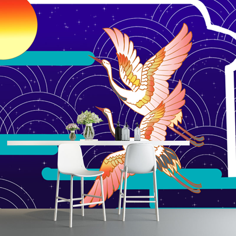 Blue Oriental Wall Covering Mural Large Crane Birds Flying to the Moon Wall Art for Home Clearhalo 'Wall Decor' 'Wall Mural' 1513663