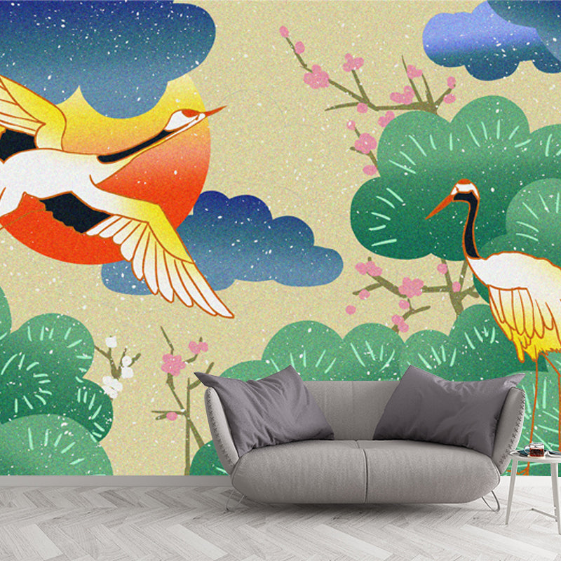 Illustration Red-Crown Cranes Mural for Tearoom, Green, Customized Size Available Green Clearhalo 'Wall Decor' 'Wall Mural' 1513666