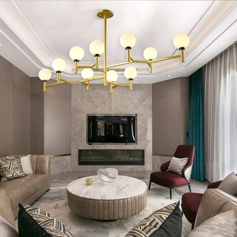 Modern Orbit Chandelier Pendant White Glass 10-Head Living Room Island Light in Black/White/Gold Gold Clearhalo 'Ceiling Lights' 'Glass shade' 'Glass' 'Island Lights' Lighting' 151367