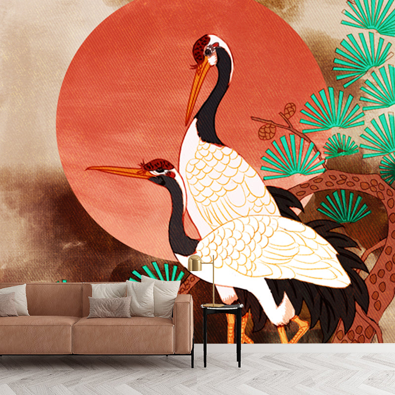 Halcyon under Pine Trees Mural Oriental Washable Living Room Wall Covering, Custom Size Green Clearhalo 'Wall Decor' 'Wall Mural' 1513671