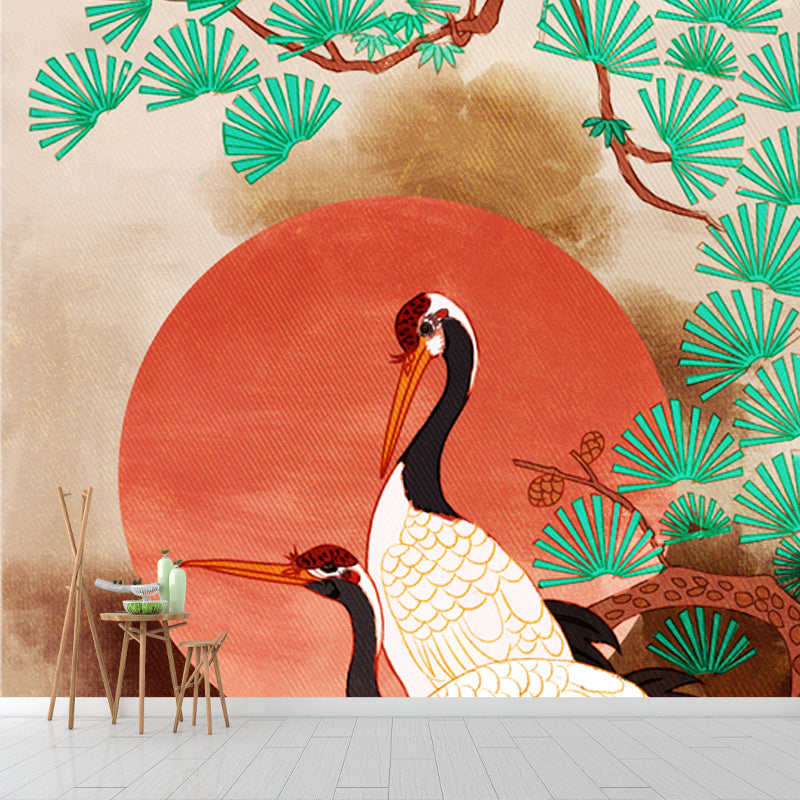 Halcyon under Pine Trees Mural Oriental Washable Living Room Wall Covering, Custom Size Clearhalo 'Wall Decor' 'Wall Mural' 1513672