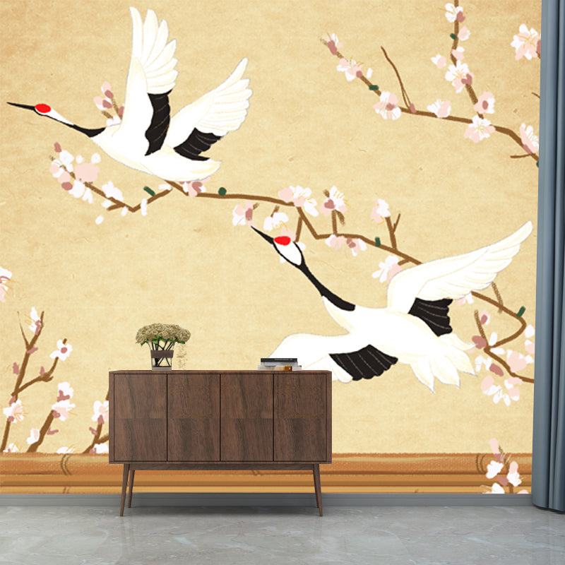 Custom Illustration Chinoiserie Mural with Halcyon Fly over Roof Pattern in Light Yellow Light Yellow Clearhalo 'Wall Decor' 'Wall Mural' 1513676