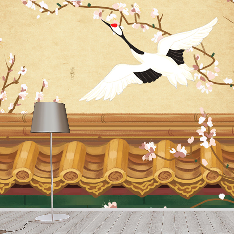 Custom Illustration Chinoiserie Mural with Halcyon Fly over Roof Pattern in Light Yellow Clearhalo 'Wall Decor' 'Wall Mural' 1513677