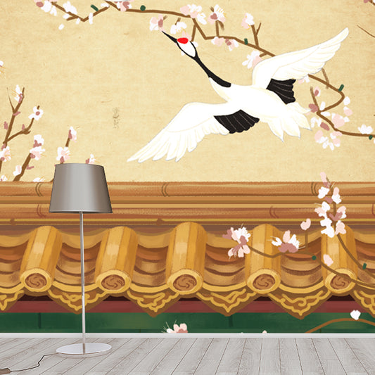 Custom Illustration Chinoiserie Mural with Halcyon Fly over Roof Pattern in Light Yellow Clearhalo 'Wall Decor' 'Wall Mural' 1513677