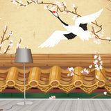 Custom Illustration Chinoiserie Mural with Halcyon Fly over Roof Pattern in Light Yellow Clearhalo 'Wall Decor' 'Wall Mural' 1513677