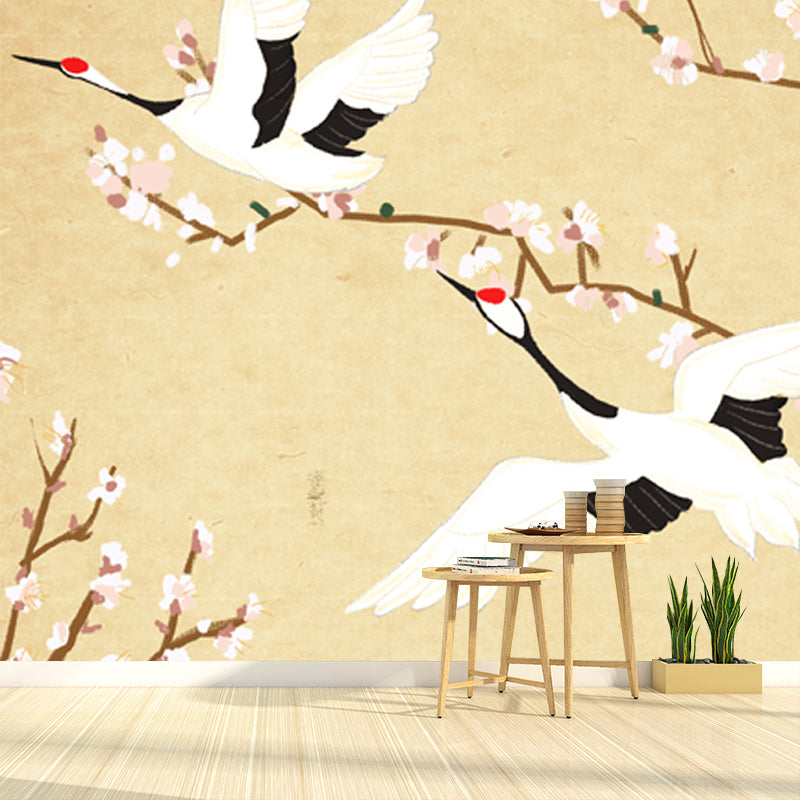 Custom Illustration Chinoiserie Mural with Halcyon Fly over Roof Pattern in Light Yellow Clearhalo 'Wall Decor' 'Wall Mural' 1513678