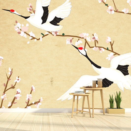 Custom Illustration Chinoiserie Mural with Halcyon Fly over Roof Pattern in Light Yellow Clearhalo 'Wall Decor' 'Wall Mural' 1513678